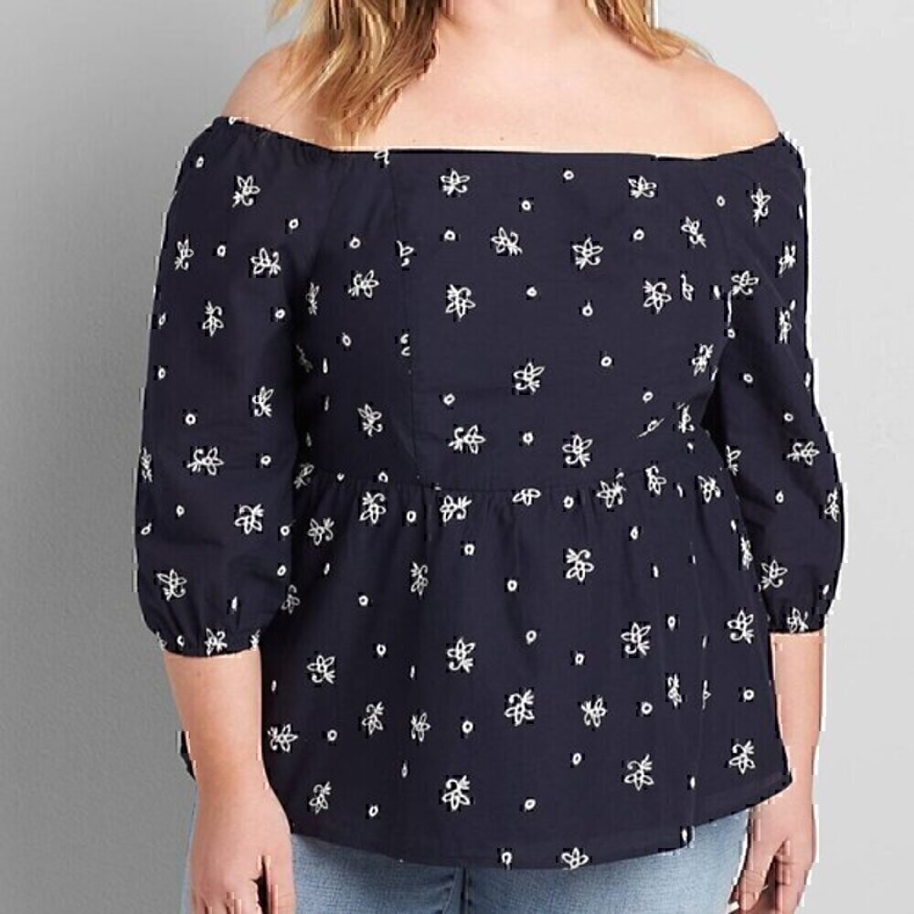 LANE BRYANT Plus Size Eyelet Off the Shoulder Peplum Top Navy Blue White Floral